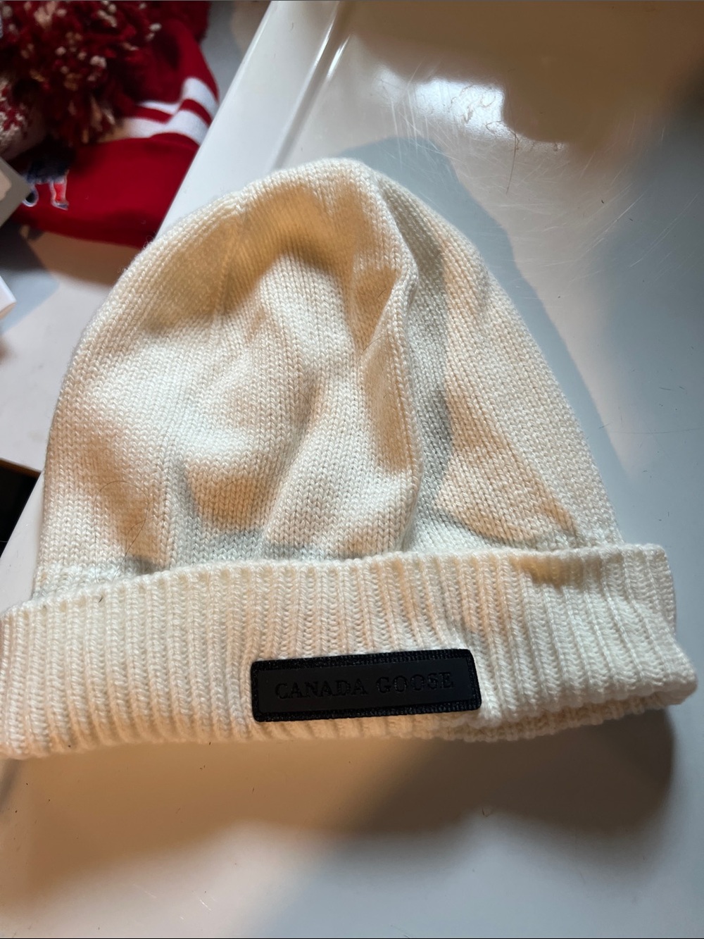 Canada Goose women’s Ivory Merino Beanie with Logo Patch